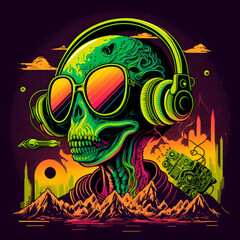 Wall Mural - alien listening to music illustration