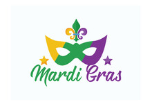 Mardi Gras Purple And Green Text With Masquerade Mask And Fleurs-de-lis. American New Orleans Fat Tuesday Poster, Greeting Card. Sidney Mardi Gras Parade. Carnival Lettering, Flat Vector  Illustration