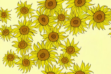 Wall Mural - a smooth pattern of sunflowers. Background with a texture of line flowers in yellow Generative AI