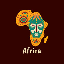 Illustration Of African Patterned Map With Art Of Masks, Ornaments And Symbols. Banner With Traditional Tribal Grunge Pattern, Element, Concept Design