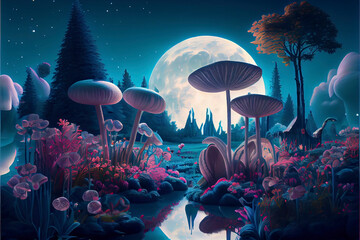 fantastic wonderland landscape with mushrooms, lilies flowers