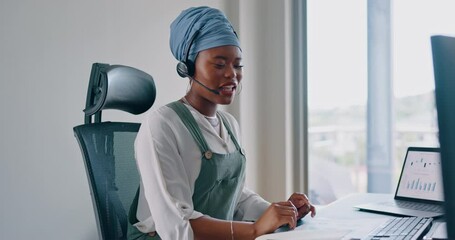 Aufkleber - call center, woman and happy crm or customer support consultant talking, networking and making sales