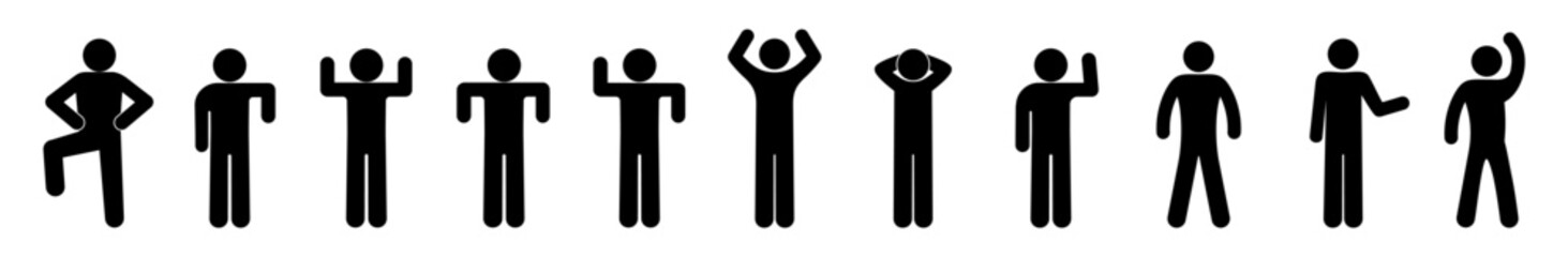 stick figure man icon, isolated human silhouettes, set of various poses and gestures