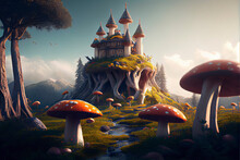 Fantastic Wonderland Landscape With Mushrooms, Beautiful Old Castle