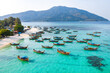 Aerial view of Sunrise beach with long tail boats in Koh Lipe, Satun, Thailand