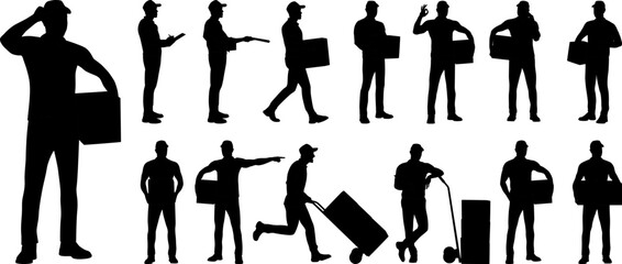 Wall Mural - Set of silhouettes of warehouse workers with the package. Delivery guy is holding a cardboard box in different poses. Vector flat style illustration isolated on white. Full-length view	
