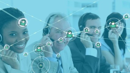 Wall Mural - Animation of network of connections with icons over diverse business people using phone headsets