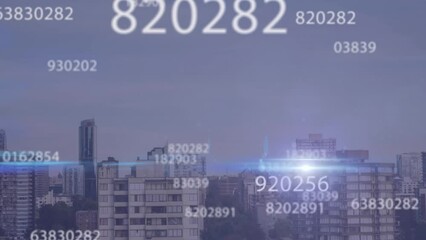 Poster - Animation of numbers and data processing over cityscape