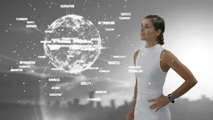 Poster - animation of globe with connections and data processing over businesswoman