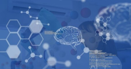 Poster - Animation of human brains and data processing over female scientist in laboratory