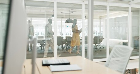 Wall Mural - Meeting, planning and collaboration with a business team walking into a boardroom in their office at work. Finance, teamwork and accounting with a man and woman employee group arriving for strategy