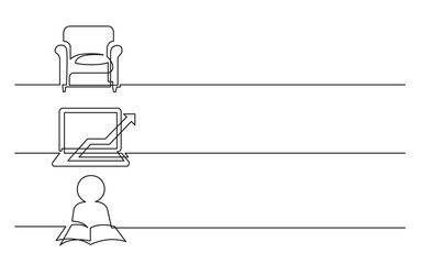 Wall Mural - PNG image with transparent background of continuous line drawing of business icons: armchair, laptop computer with arrow, reader person