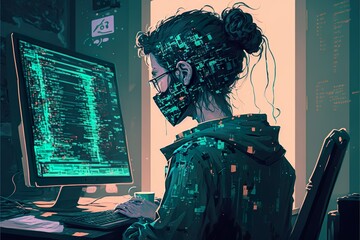 Cyberpunk Person Coding on Computer. Generative AI