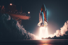 Launch Rockets Into Space. Generative AI. Fantasy Universe. Rocket Flying Into Space.