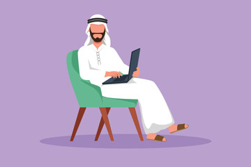 Wall Mural - Character flat drawing young Arab male with laptop sitting on chair. Businessman planning project. Freelance, distance learning, online courses and studying concept. Cartoon design vector illustration