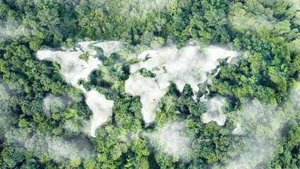 Wall Mural - picture of the world's continents in the clouds among the greenery, future environmental conservatio