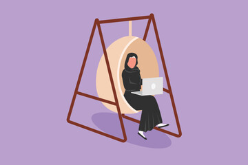 Wall Mural - Cartoon flat style drawing Arab girl with laptop sitting on swinging chair or recliner chair. Freelance, distance learning education, online courses, woman studying. Graphic design vector illustration