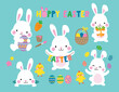 White Easter bunny rabbits with Easter eggs and little chicks vector illustration set.