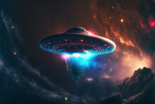 UFO Is Flying In A Colorful Universe. Generative AI. Alien UFO. Unidentified Flying Object. Clipping Path Included.
