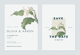 Floral wedding invitation card template design, amaryllis flowers and leaves on white