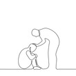 sad man sits on the floor hugging his legs and another standing above him strokes his head - one line drawing vector. the concept of comfort, comfort, compassion, empathy, kindness, mercy, pity