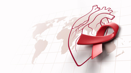 Wall Mural - 3d red awareness ribbon with line heart organ, heart disease awareness campaign, cardiovascular health, Stroke Prevention, hypertension (high blood pressure) for heart disease concept