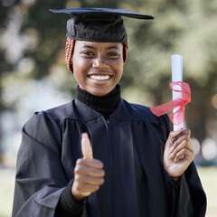 Poster - Portrait, black woman and thumbs up for graduation, education and success with degree. African American female, hand or student with scholarship, graduate and diploma with achievement, goal and smile