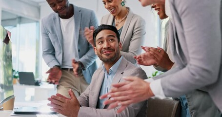 Wall Mural - Businessman, team clapping and thank you with applause for success, celebrate and congratulations with support. Solidarity in workplace with respect, promotion bonus and business people diversity