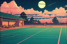 Japanese Animation Style, Ai Generated A Tennis Court At Sunset