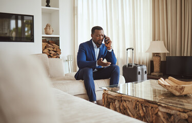 Aufkleber - Travel problem, phone call and black man with a phone for business communication, transport delay and hotel stress. Frustrated, conversation and African businessman talking on a mobile during trip