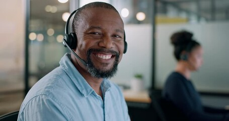 Poster - Call center, customer support and face of black man at desk working on computer, online and telemarketing. Crm, contact us and portrait of consultant for friendly service, help and customer service