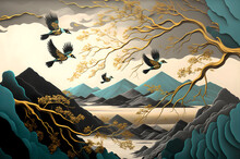 Brown Trees With Golden Flowers, Turquoise With Black And Gray Mountains In Light Yellow Background With Clouds And Birds. 3d Mural Illustration Wallpaper.