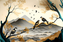 Brown Trees With Golden Flowers, Turquoise With Black And Gray Mountains In Light Yellow Background With Clouds And Birds. 3d Mural Illustration Wallpaper.