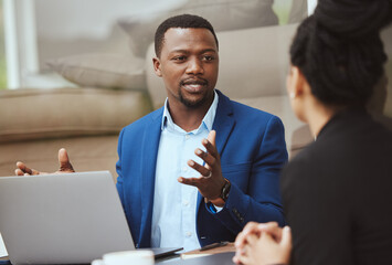 Poster - Laptop, meeting and financial advisor with a business black man and woman client talking portfolio growth. Computer, finance and accounting with a male and female employee working on investment