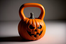 Ceramic Pumpkin For Halloween And Substantial Kettlebells For Use In The Gym Autumn Or Fall Composition Depicting A Fit And Healthy Lifestyle With Ornamental Jack O' Lanterns That Are Laughing And Ter