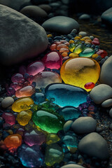 Wall Mural - Rainbow gemstone, Beautiful transparent stone in a mountain stream, closeup, wallpaper, background