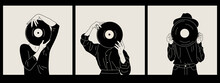 Set Of Three Girls Holds An Old Vinyl Record In Her Hands .Retro Fashion Style From 80s. Vector Illustrations In Black And White Colors.	