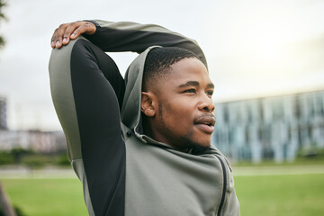 Wall Mural - Stretching, arms and black man training in the city, fitness start and running motivation in Costa Rica. Commitment, vision and African runner with a warm up for cardio workout and body performance