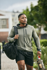 Wall Mural - Exercise, black man and walking with water bottle, for training and workout for wellness, fitness and health. African American male, athlete or bodybuilder ready for practice, motivation or hydration