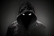 ghost hacker criminal scary hood anonymous creepy devil danger silhouette shadow black face fear horror night character symbol identity hooligan unknow happy halloween cyber copy space . Generative AI