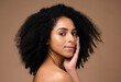 Leinwandbild Motiv Portrait, beauty and afro with a model black woman in studio on a brown background for natural skincare. Face, cosmetics and hair with an attractive young female posing to promote cosmetics