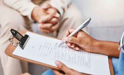 Sticker - Nurse, clipboard and pen for checklist with patient, healthcare service and medical information. Closeup doctor hands writing documents, research and questions for report, planning and wellness admin