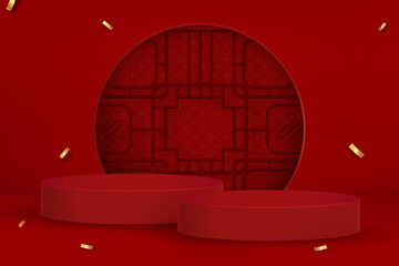 Wall Mural - Stage podiums for product presentation display with oriental style decoration in red background, Chinese new year concept