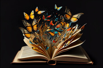 Butterflies flying out of an open magic book. Generative AI illustration