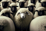 White sheep among black sheep. Dare to be different. Generative AI illustration
