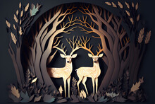 D Art Mural Wall Decor Wallpaper With Light Background, Golden, Black Ginko Biloba Leaves, Mountains And Deer. Suitable For Canvas Use As A Frame On Walls