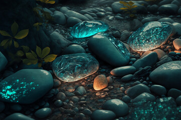 Wall Mural - Teal gemstone, Beautiful transparent stone in a mountain stream, closeup, wallpaper, background