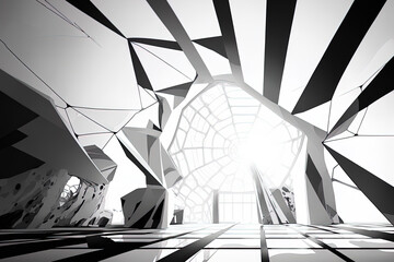 Poster - White parametric inside of an abstract drawing. Black sketch with polygons for illustration. Generative AI