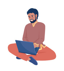 Poster - Man working semi flat color vector character. Editable figure. Full body person on white. Remote employee. International student simple cartoon style illustration for web graphic design and animation