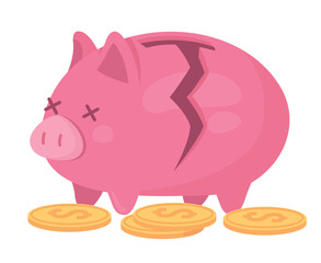 Poster - broken piggy bank with coins semi flat color vector object. editable element. items on white. lost s